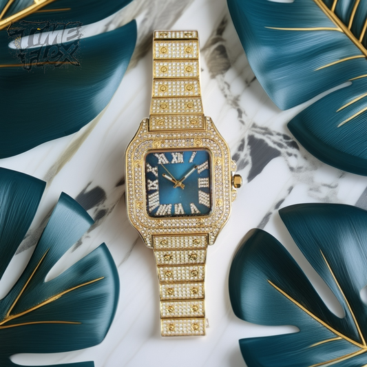 Time Flex Aqua Empire iced-out gold watch with blue face – lifestyle hero shot