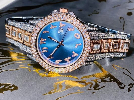 Two-tone silver and rose gold iced watch with sapphire blue dial and baguette bracelet – luxury streetwear timepiece