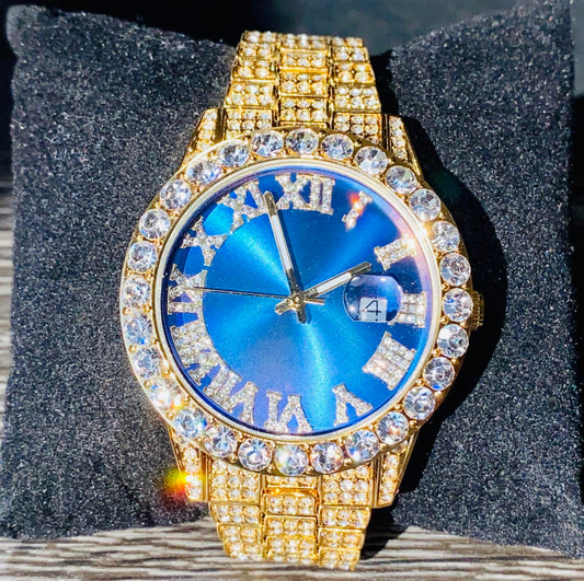 Gold iced 42MM watch with sapphire blue dial and Roman numerals on black velvet – Blue Frost by Time Flex
