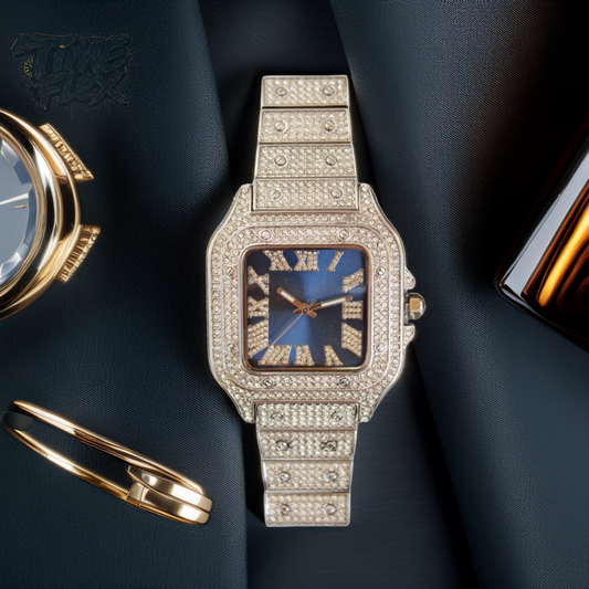 Iced square silver watch with blue dial and Roman numerals on textured background – Blue Legacy 40MM by Time Flex