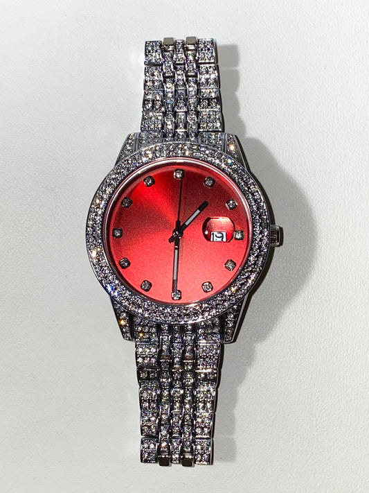Iced-out 42MM silver watch with bold red dial and crystal bracelet – urban luxury style
