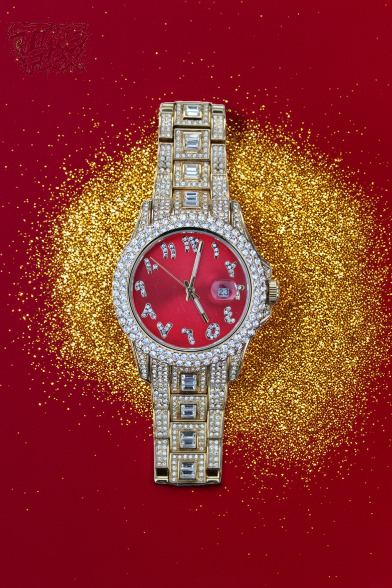 Gold-tone unisex watch with a red dial, crystal-encrusted bezel, and rectangular stones on the band. The watch features sparkling Roman numeral markers and a date display, offering a luxurious and eye-catching design.