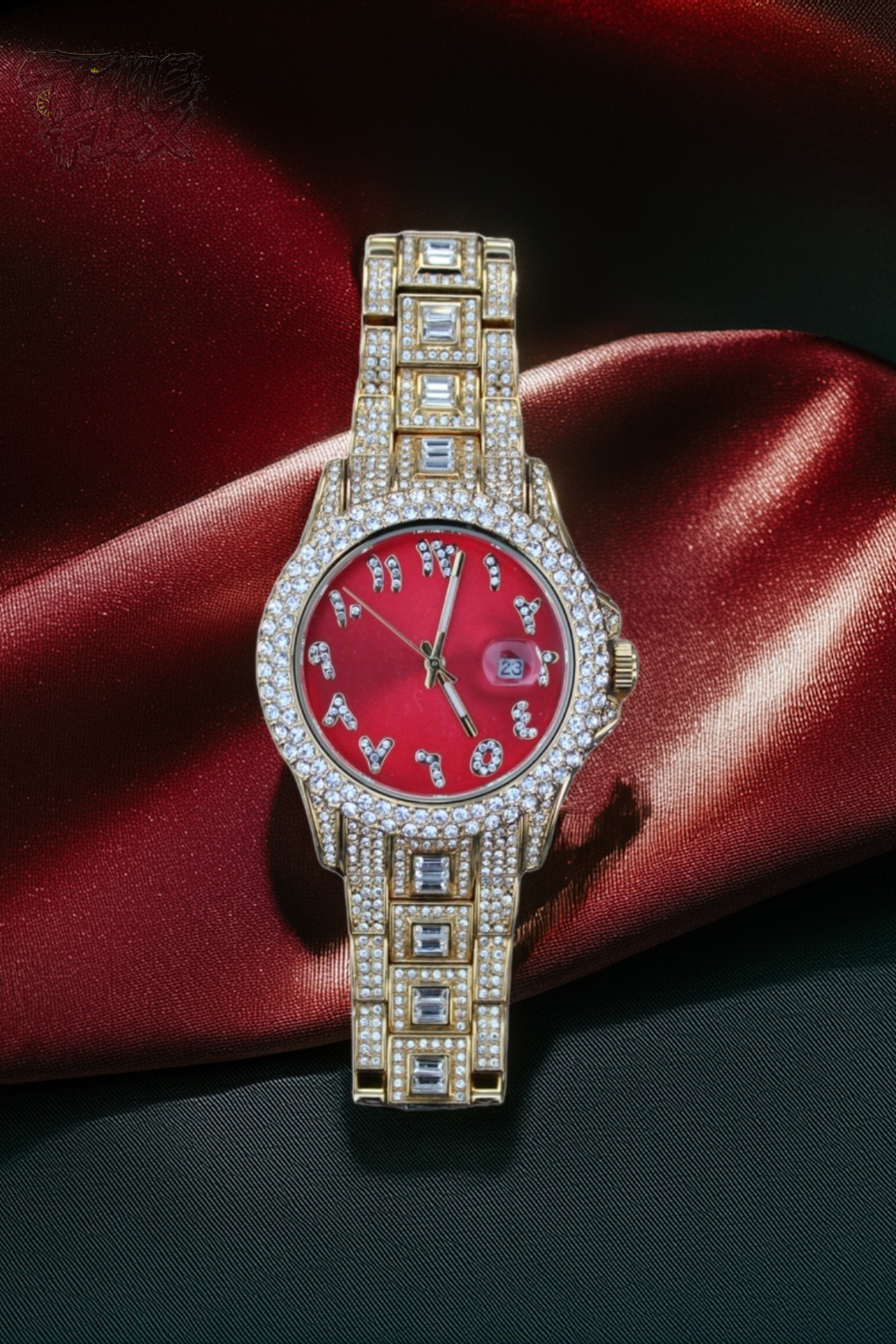 Gold-tone unisex watch with a red dial, crystal-encrusted bezel, and rectangular stones on the band. The watch features sparkling Roman numeral markers and a date display, offering a luxurious and eye-catching design.