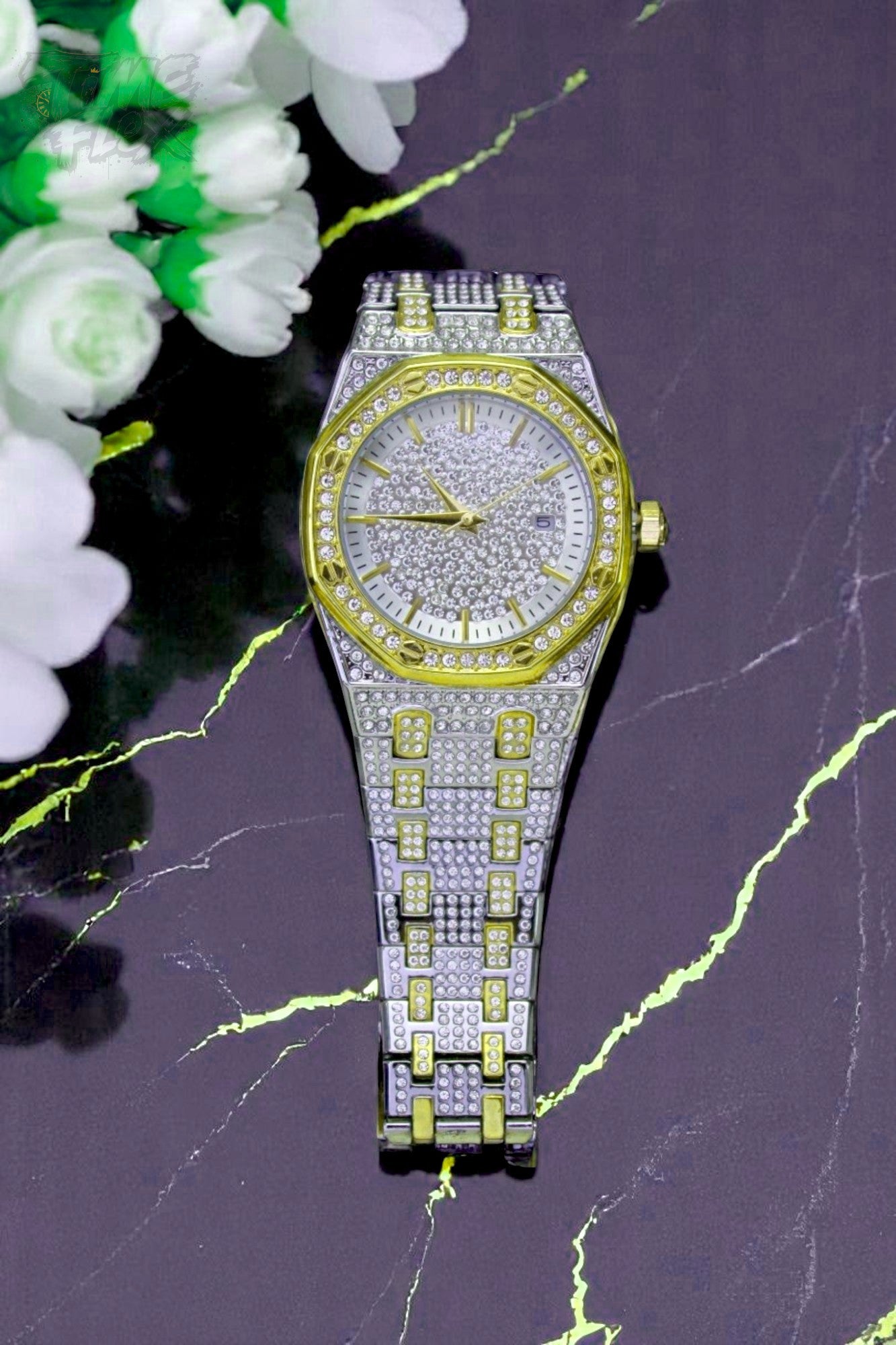 Two-tone silver and gold men's and women's watch with a diamond-studded dial and bezel. The watch features a sparkling design with crystal-encrusted links on the band, offering a luxurious, eye-catching appearance.
