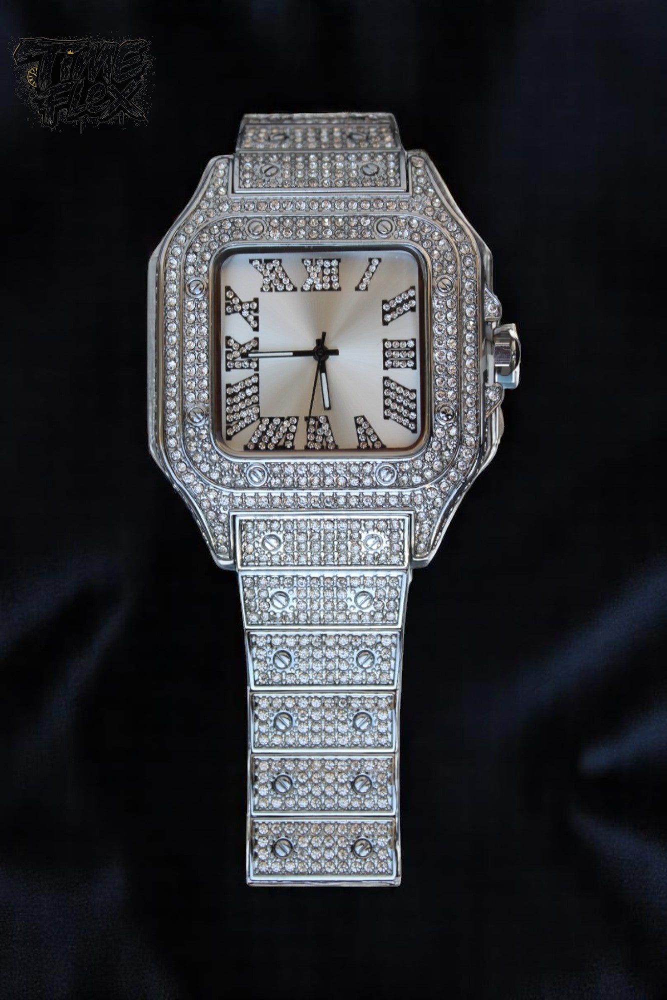 Silver-tone unisex watch with a square dial, crystal-encrusted bezel, and sparkling band. The watch features Roman numeral markers and a luxurious, diamond-studded design, offering a sleek and elegant look.