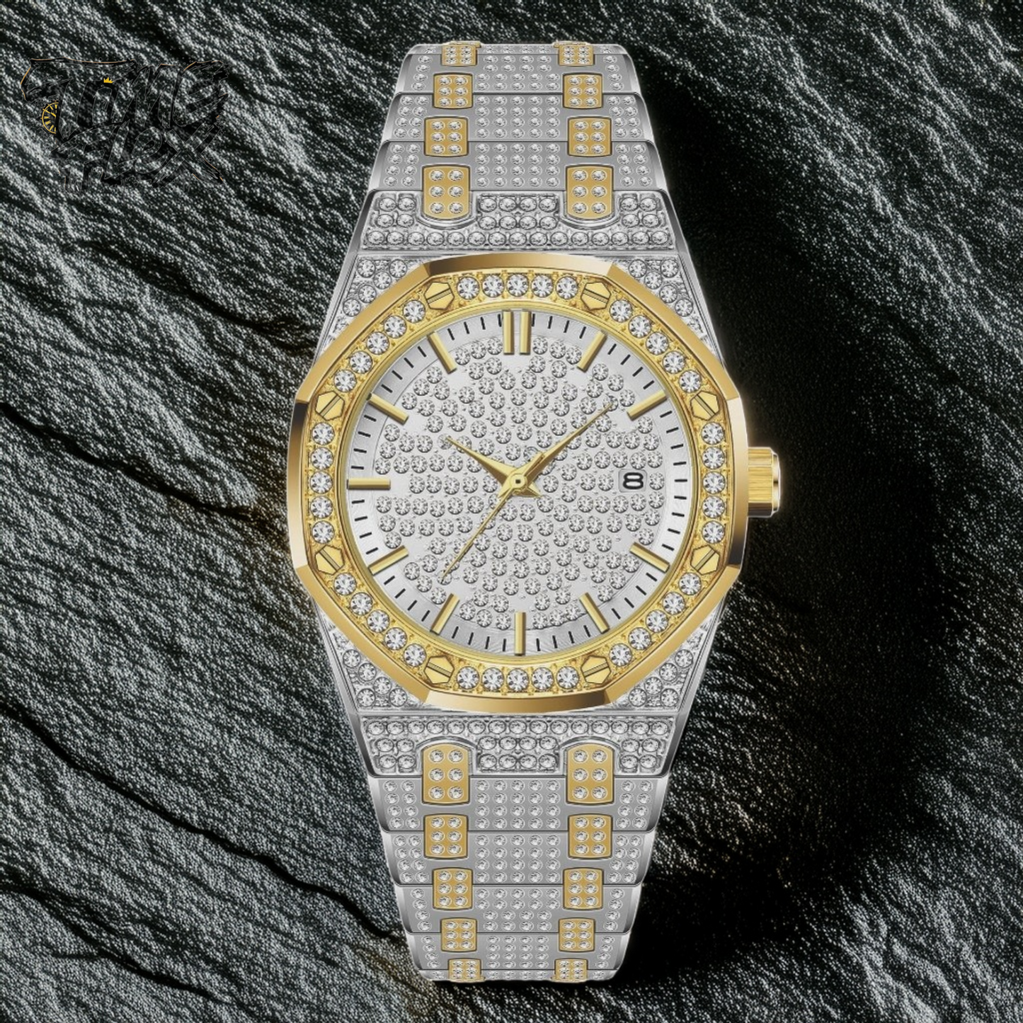 Two-tone silver and gold men's and women's watch with a diamond-studded dial and bezel. The watch features a sparkling design with crystal-encrusted links on the band, offering a luxurious, eye-catching appearance.