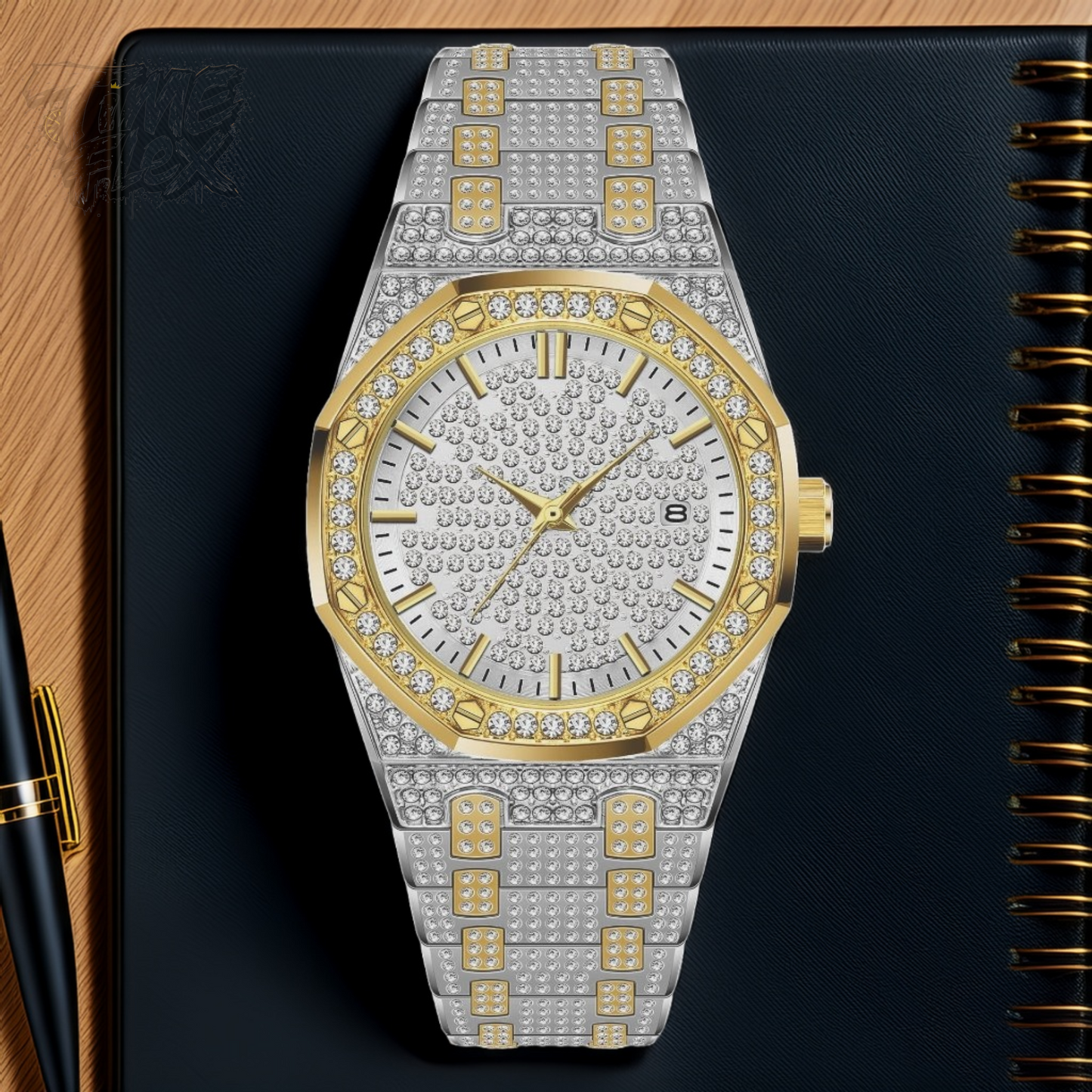 Two-tone silver and gold men's and women's watch with a diamond-studded dial and bezel. The watch features a sparkling design with crystal-encrusted links on the band, offering a luxurious, eye-catching appearance.