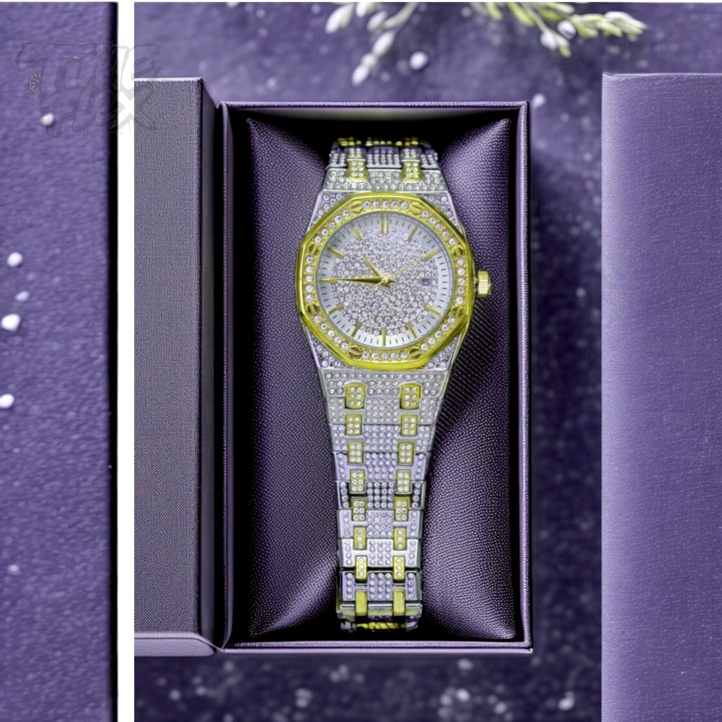 Two-tone silver and gold men's and women's watch with a diamond-studded dial and bezel. The watch features a sparkling design with crystal-encrusted links on the band, offering a luxurious, eye-catching appearance.