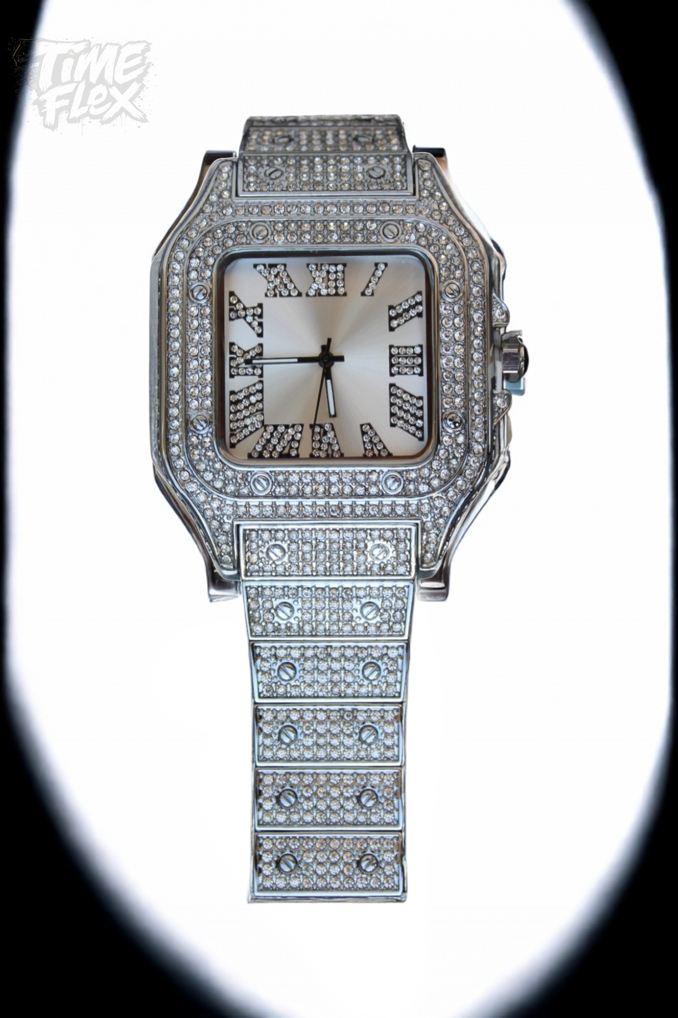 Silver-tone unisex watch with a square dial, crystal-encrusted bezel, and sparkling band. The watch features Roman numeral markers and a luxurious, diamond-studded design, offering a sleek and elegant look.