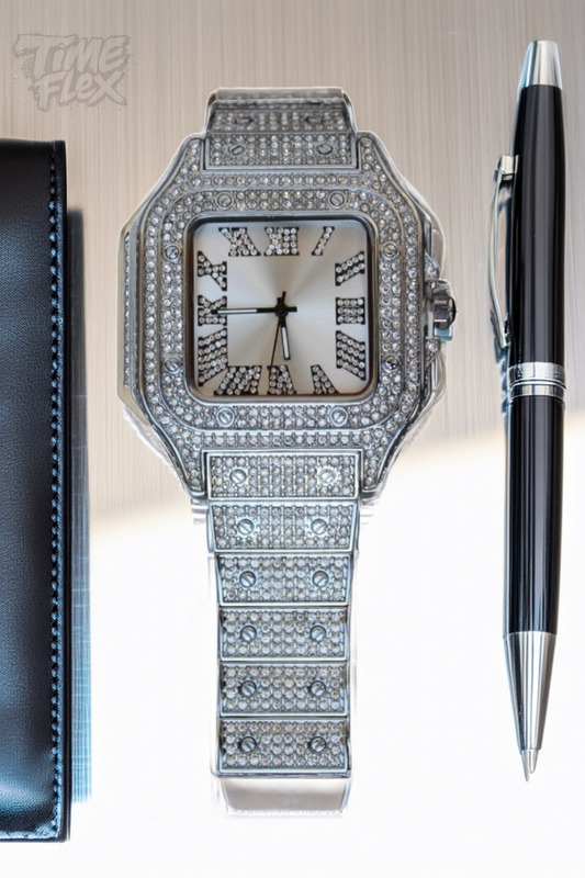 Silver-tone unisex watch with a square dial, crystal-encrusted bezel, and sparkling band. The watch features Roman numeral markers and a luxurious, diamond-studded design, offering a sleek and elegant look.