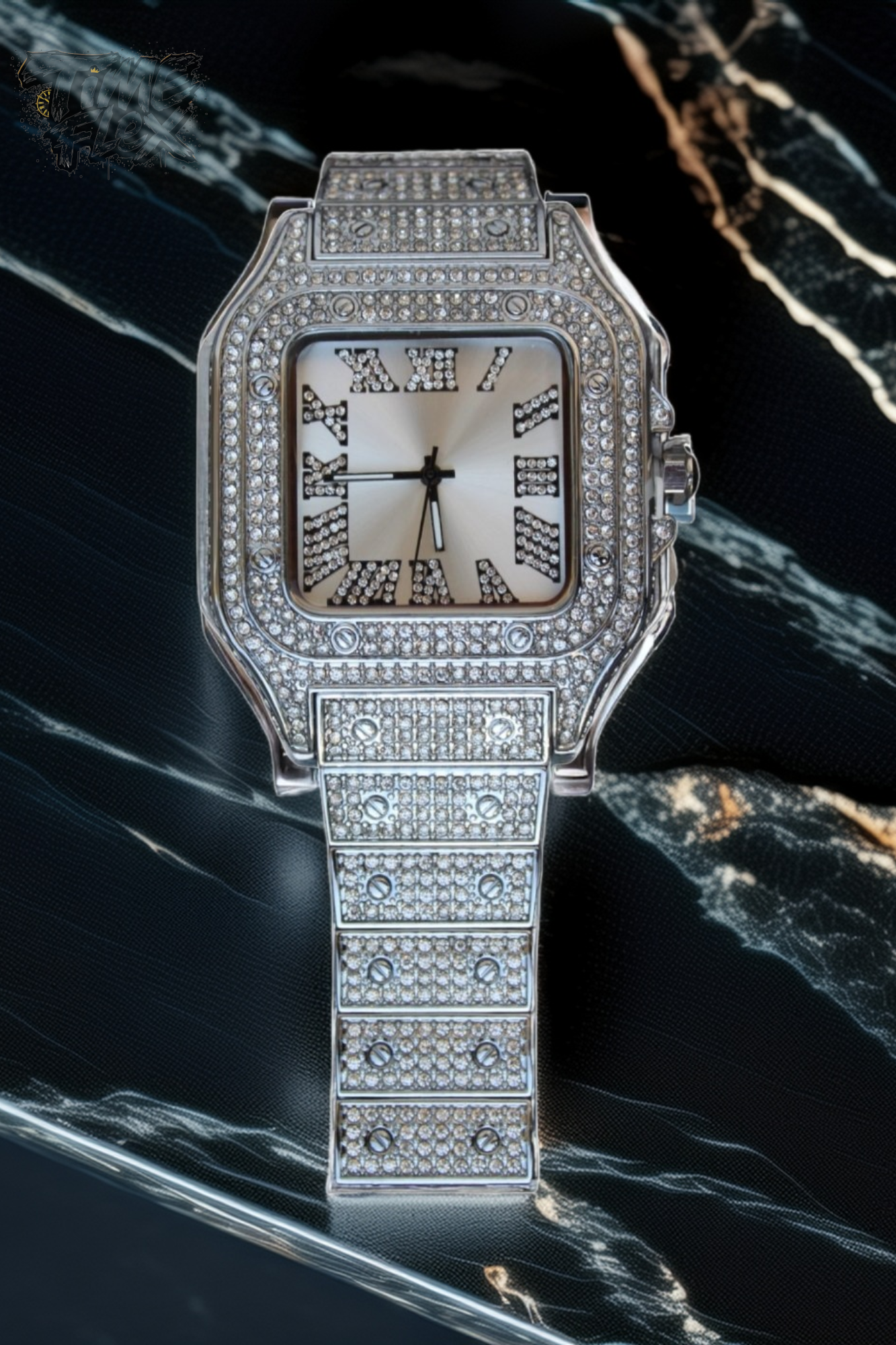Silver-tone unisex watch with a square dial, crystal-encrusted bezel, and sparkling band. The watch features Roman numeral markers and a luxurious, diamond-studded design, offering a sleek and elegant look.