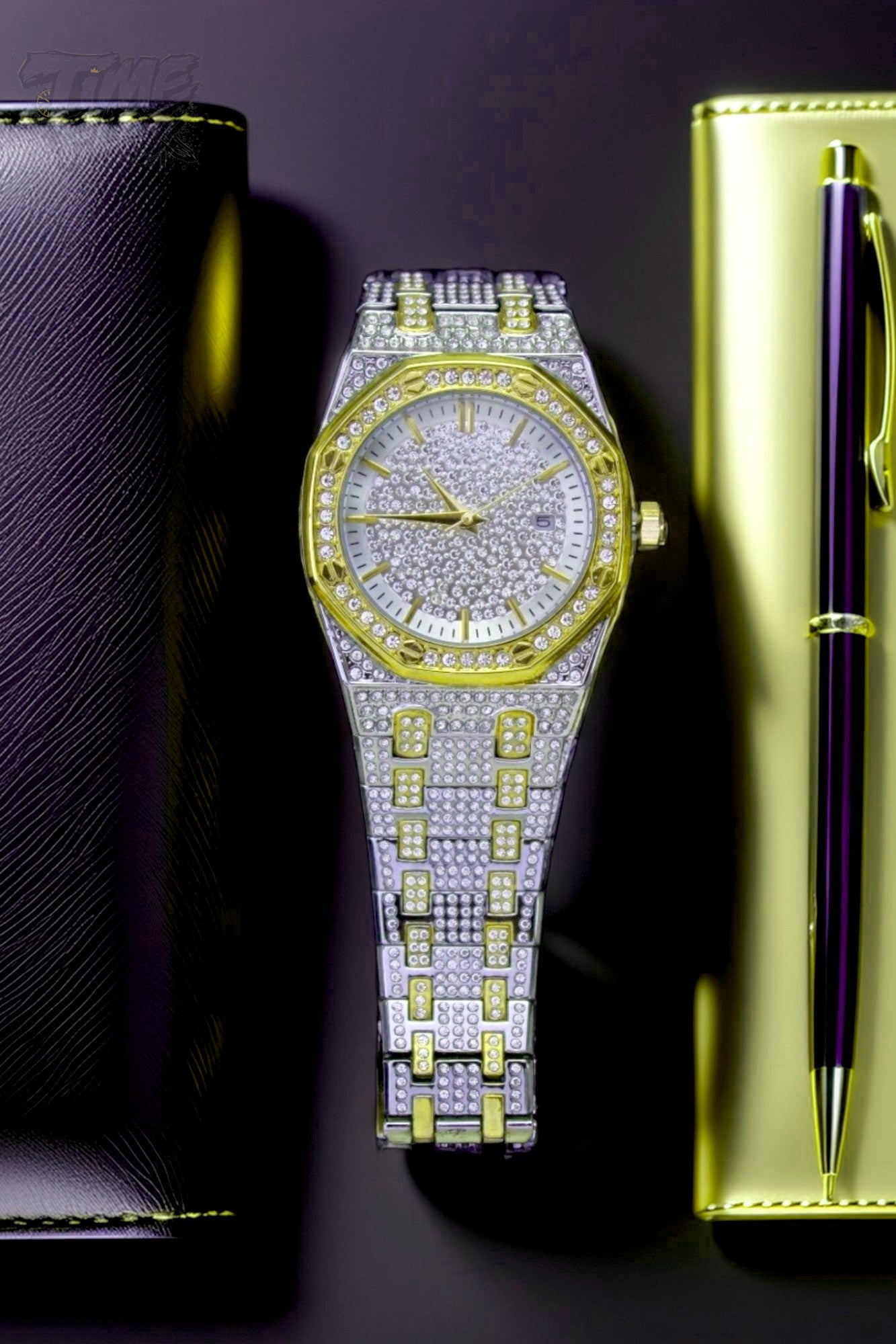 Two-tone silver and gold men's and women's watch with a diamond-studded dial and bezel. The watch features a sparkling design with crystal-encrusted links on the band, offering a luxurious, eye-catching appearance.