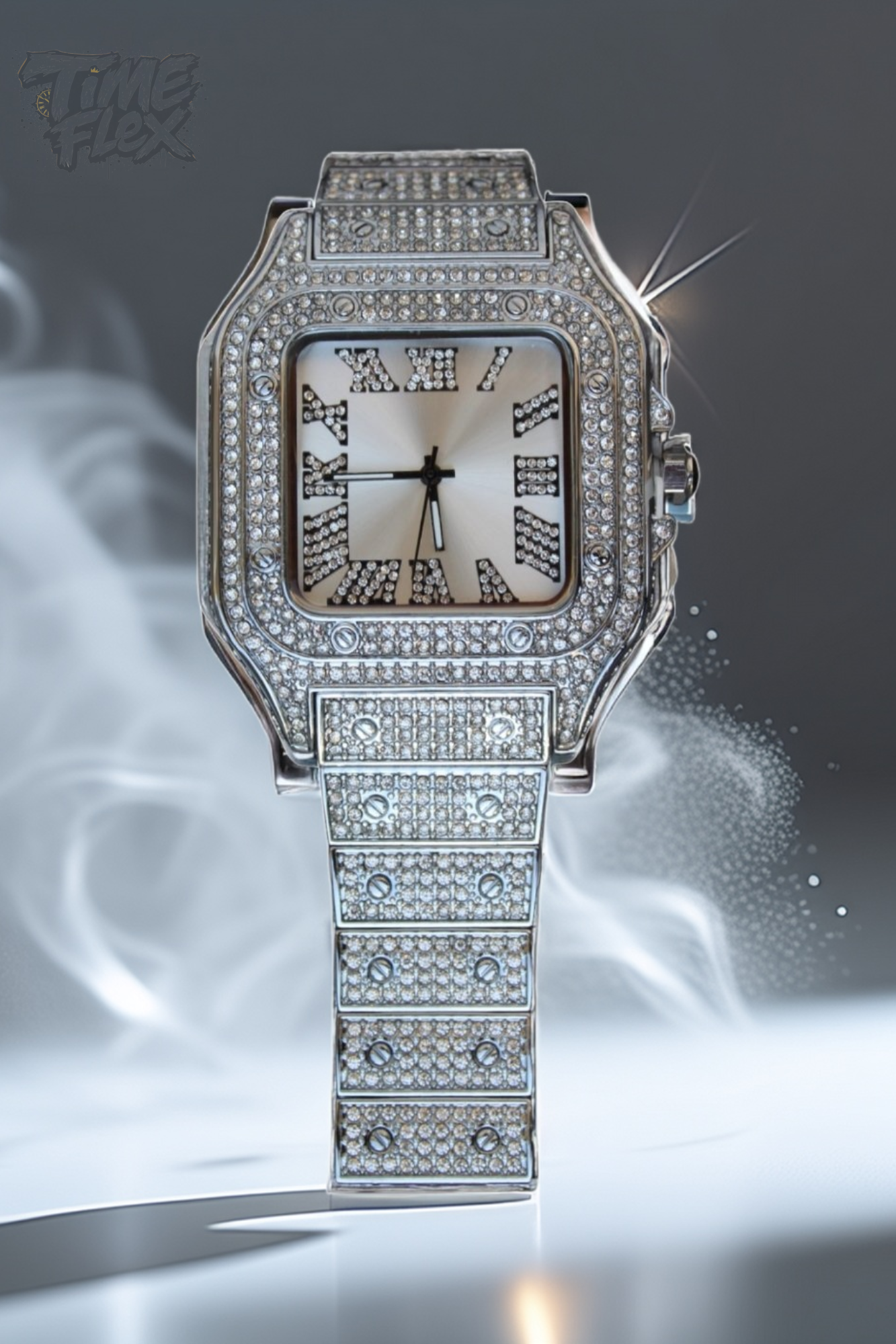 Silver-tone unisex watch with a square dial, crystal-encrusted bezel, and sparkling band. The watch features Roman numeral markers and a luxurious, diamond-studded design, offering a sleek and elegant look.