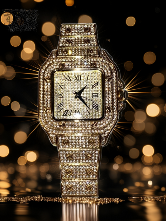 Gold-tone unisex watch with a red dial, crystal-encrusted bezel, and rectangular stones on the band. The watch features sparkling Roman numeral markers and a date display, offering a luxurious and eye-catching design.