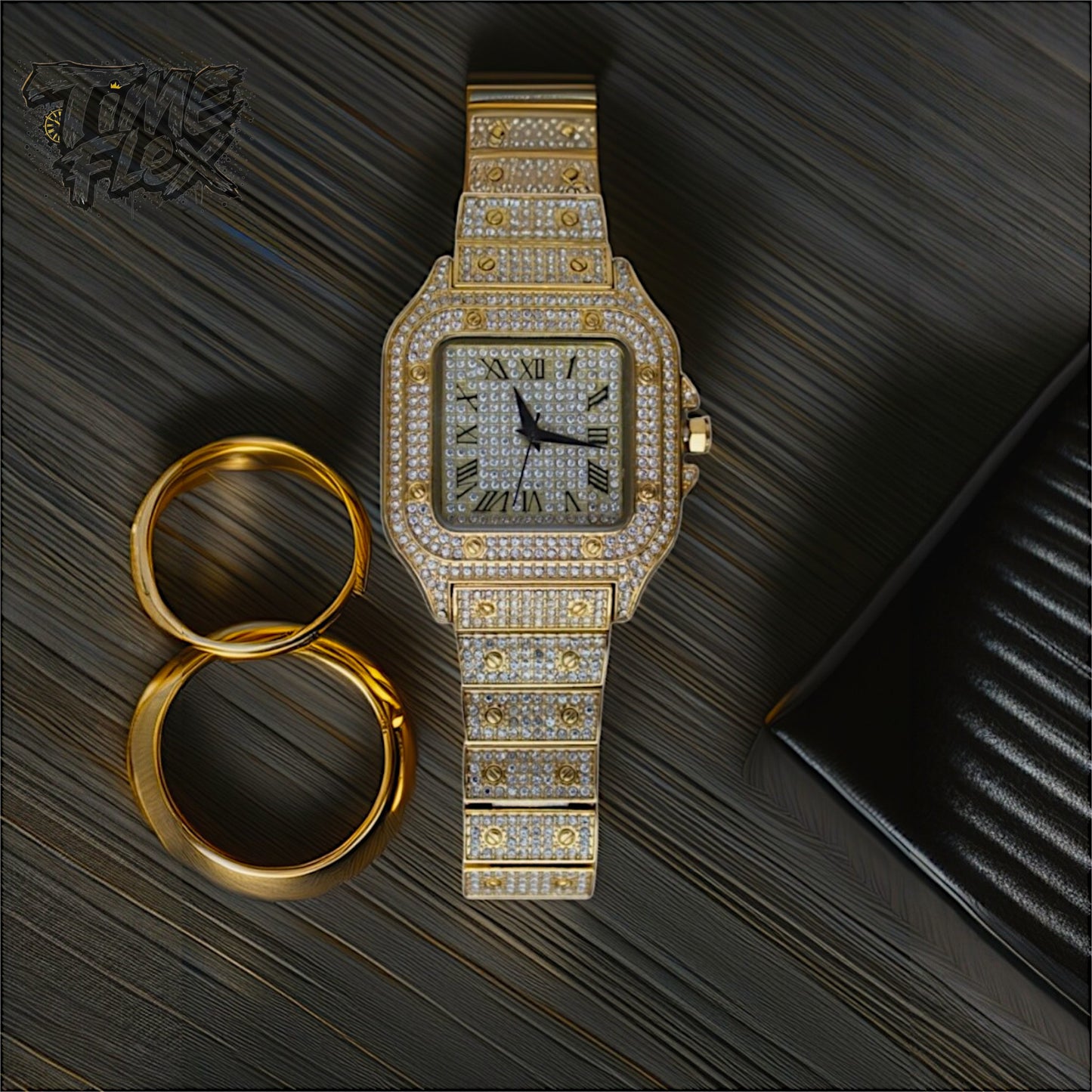 Gold-tone unisex watch with a red dial, crystal-encrusted bezel, and rectangular stones on the band. The watch features sparkling Roman numeral markers and a date display, offering a luxurious and eye-catching design.