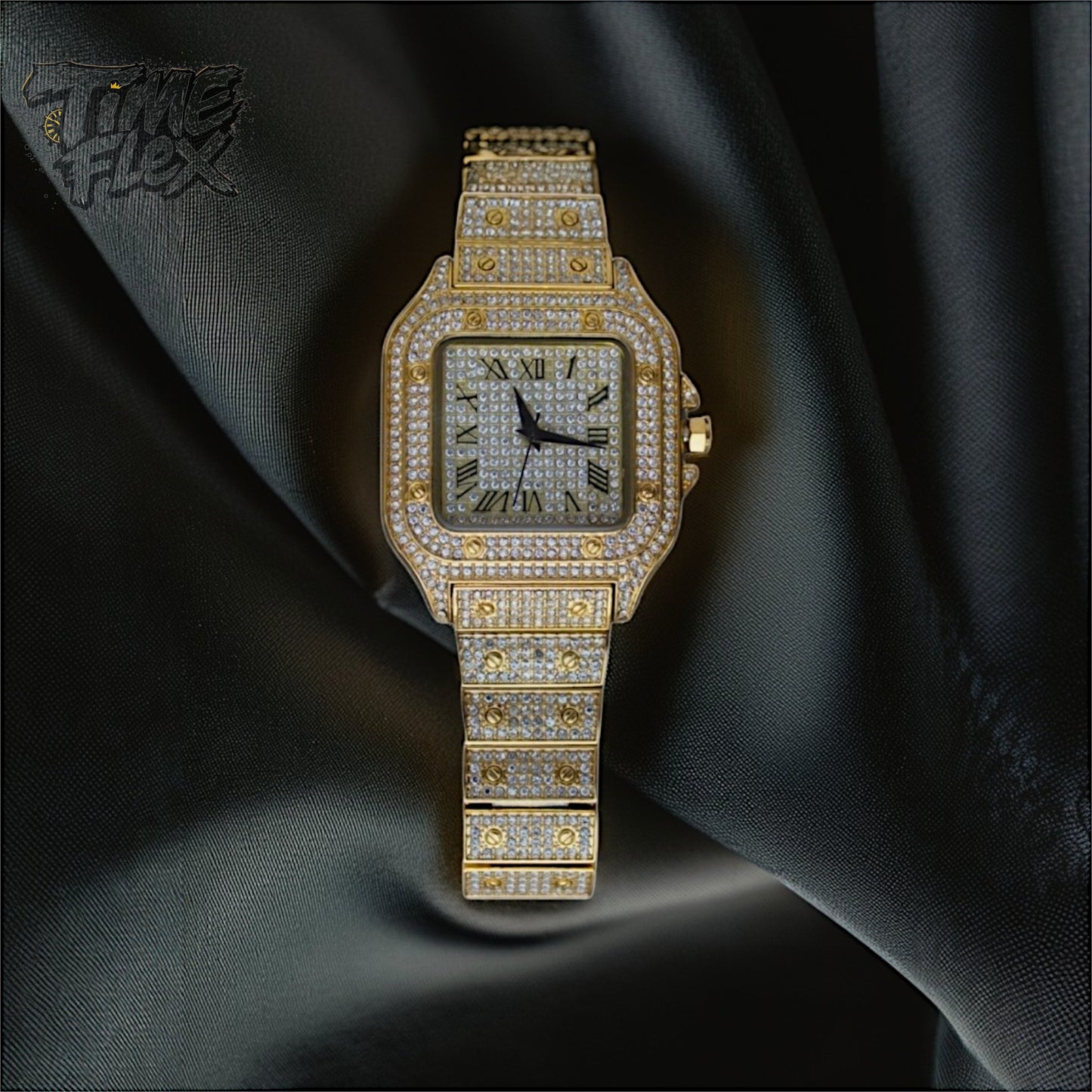 Gold-tone unisex watch with a red dial, crystal-encrusted bezel, and rectangular stones on the band. The watch features sparkling Roman numeral markers and a date display, offering a luxurious and eye-catching design.