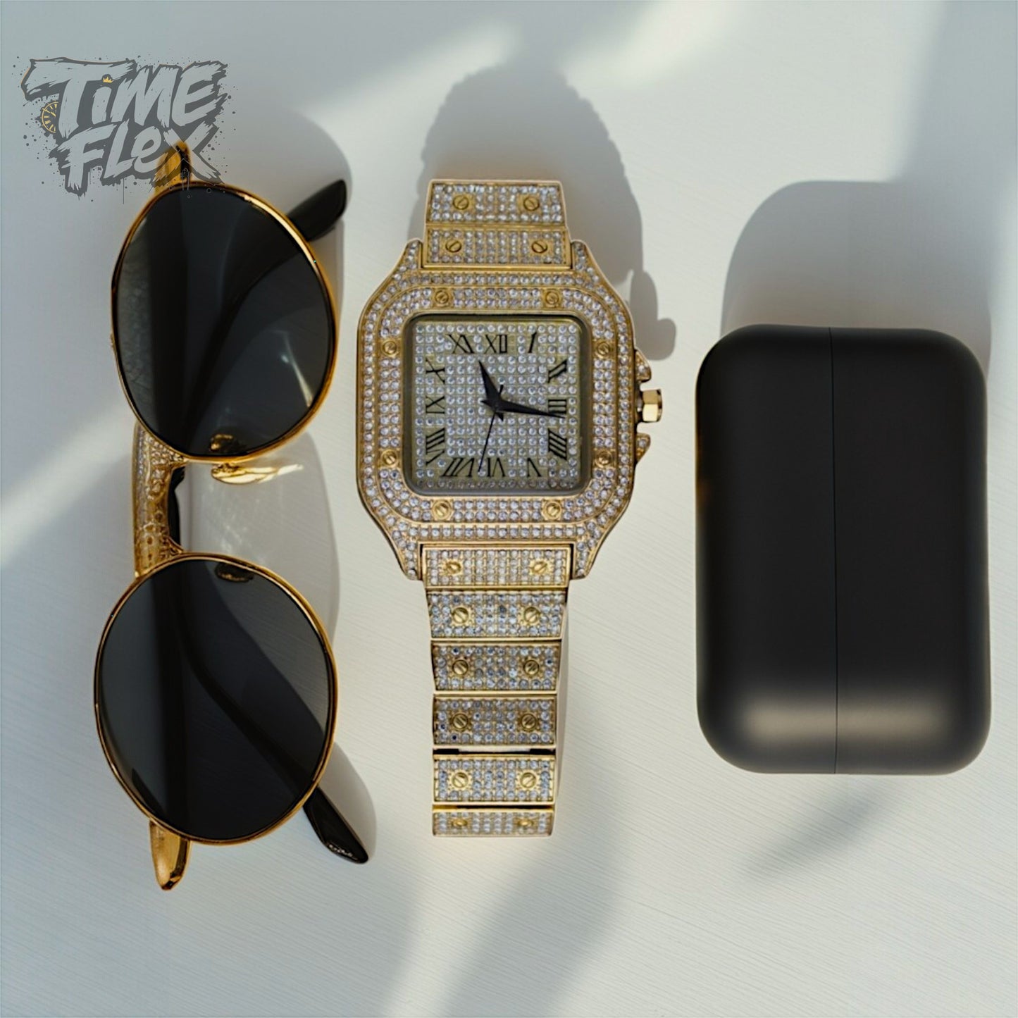Gold-tone unisex watch with a red dial, crystal-encrusted bezel, and rectangular stones on the band. The watch features sparkling Roman numeral markers and a date display, offering a luxurious and eye-catching design.