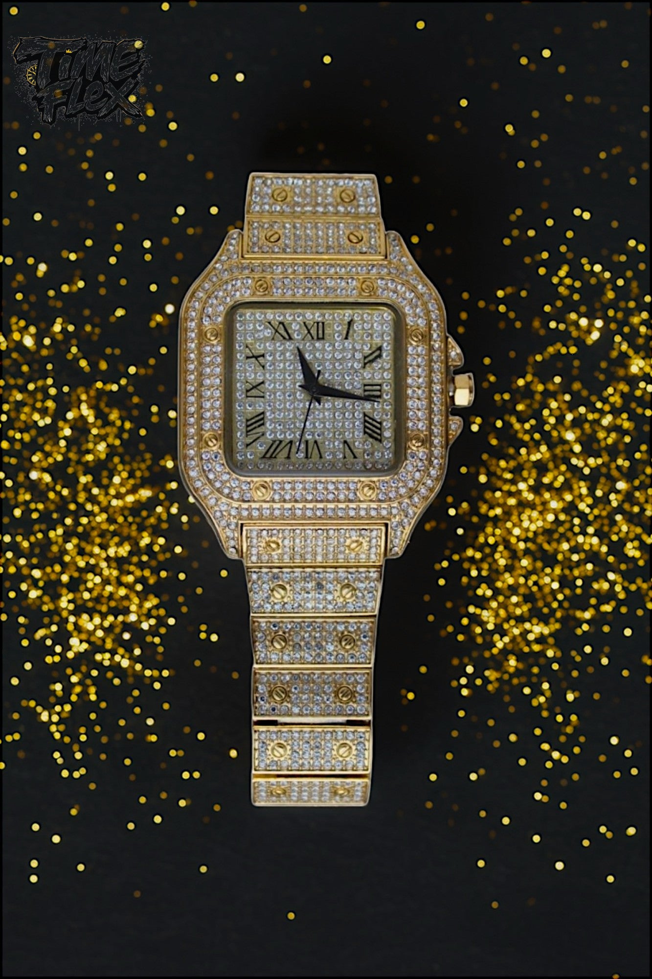 Gold-tone unisex watch with a red dial, crystal-encrusted bezel, and rectangular stones on the band. The watch features sparkling Roman numeral markers and a date display, offering a luxurious and eye-catching design.