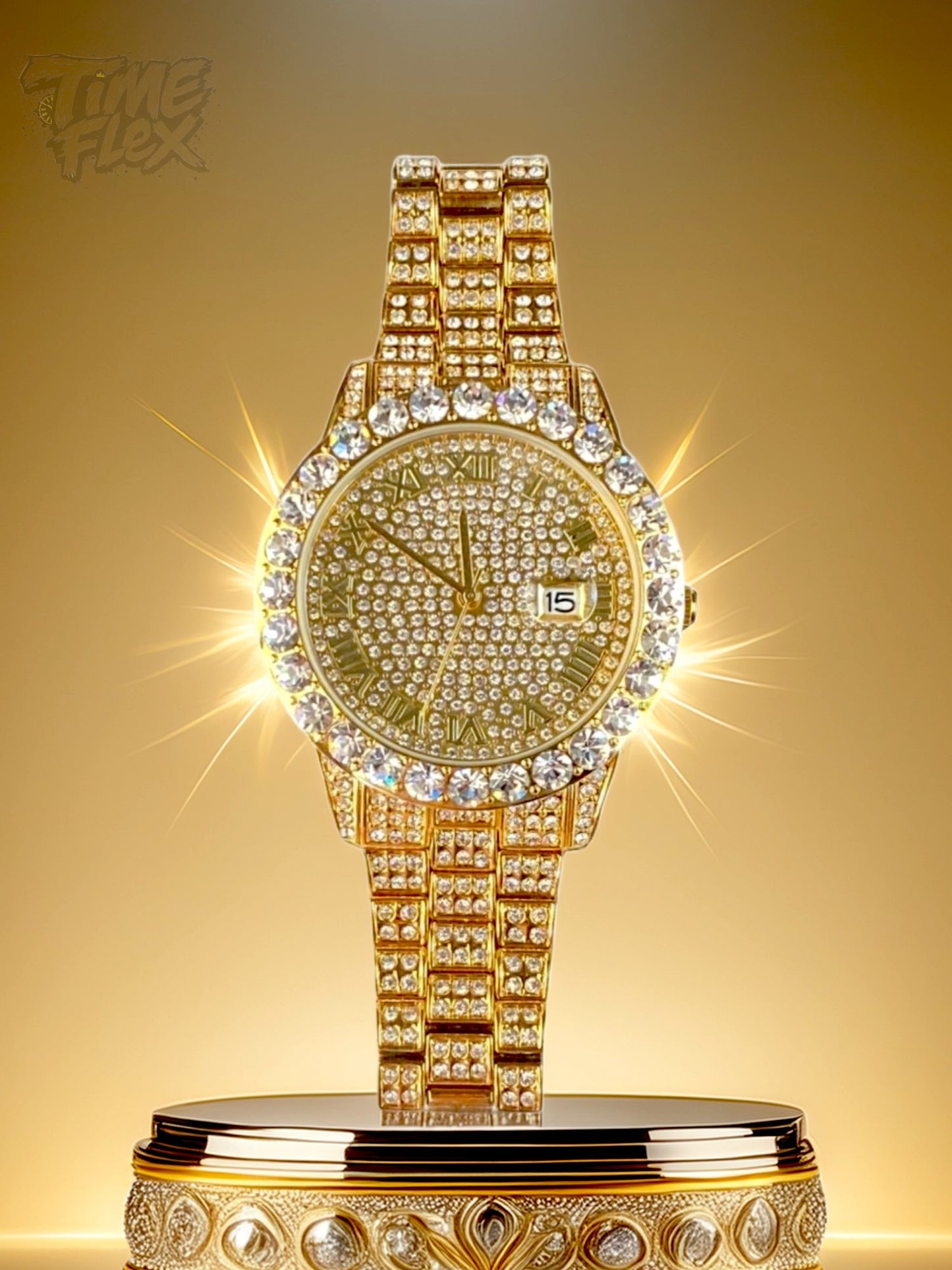 Gold-tone women's and men's watch with a diamond-studded bezel and a sparkling crystal-encrusted band. The watch features a textured gold dial, Roman numeral markers, and a date display at the 3 o'clock position, offering a luxurious and elegant look.