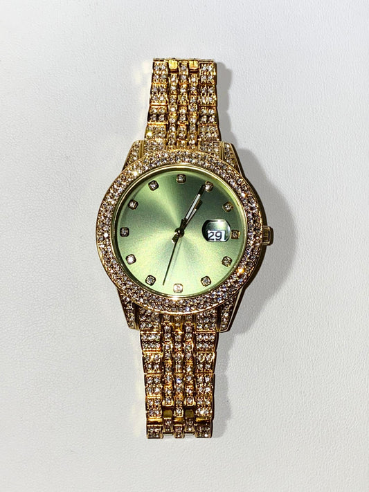 Gold iced-out 42MM watch with green dial, crystal markers, and pavé band – luxury streetwear style