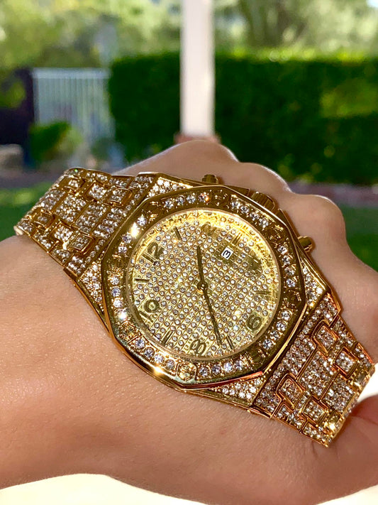 Gold iced-out octagon watch with pavé dial, gold markers, and diamond bracelet – luxury streetwear timepiece