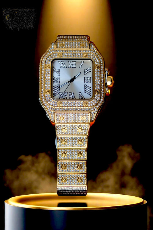 Gold-tone unisex watch with a square dial, diamond-studded bezel, and Roman numeral markers. The watch features a luxurious crystal-encrusted band, offering a sparkling and elegant design.