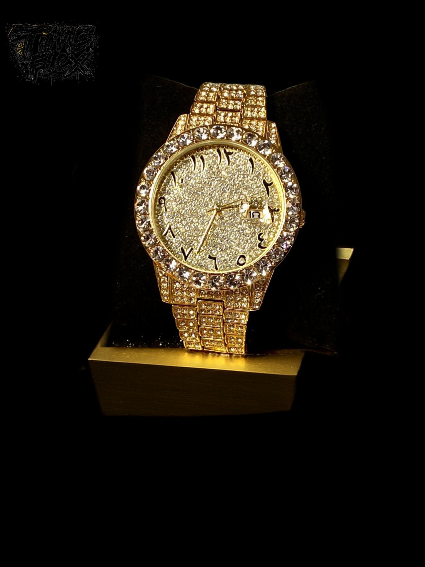 Gold-tone unisex watch with a sparkling, diamond-studded bezel and crystal-encrusted band. The watch features a glittering gold dial with unique Roman numerals and a date display, offering a luxurious and eye-catching look.