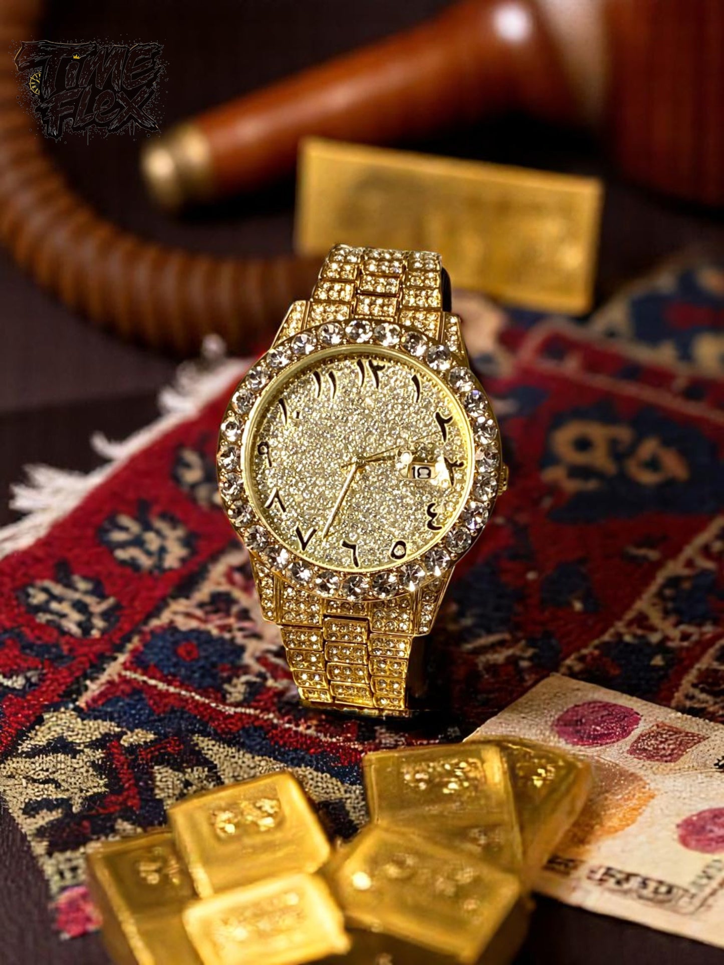 Gold-tone unisex watch with a sparkling, diamond-studded bezel and crystal-encrusted band. The watch features a glittering gold dial with unique Roman numerals and a date display, offering a luxurious and eye-catching look.