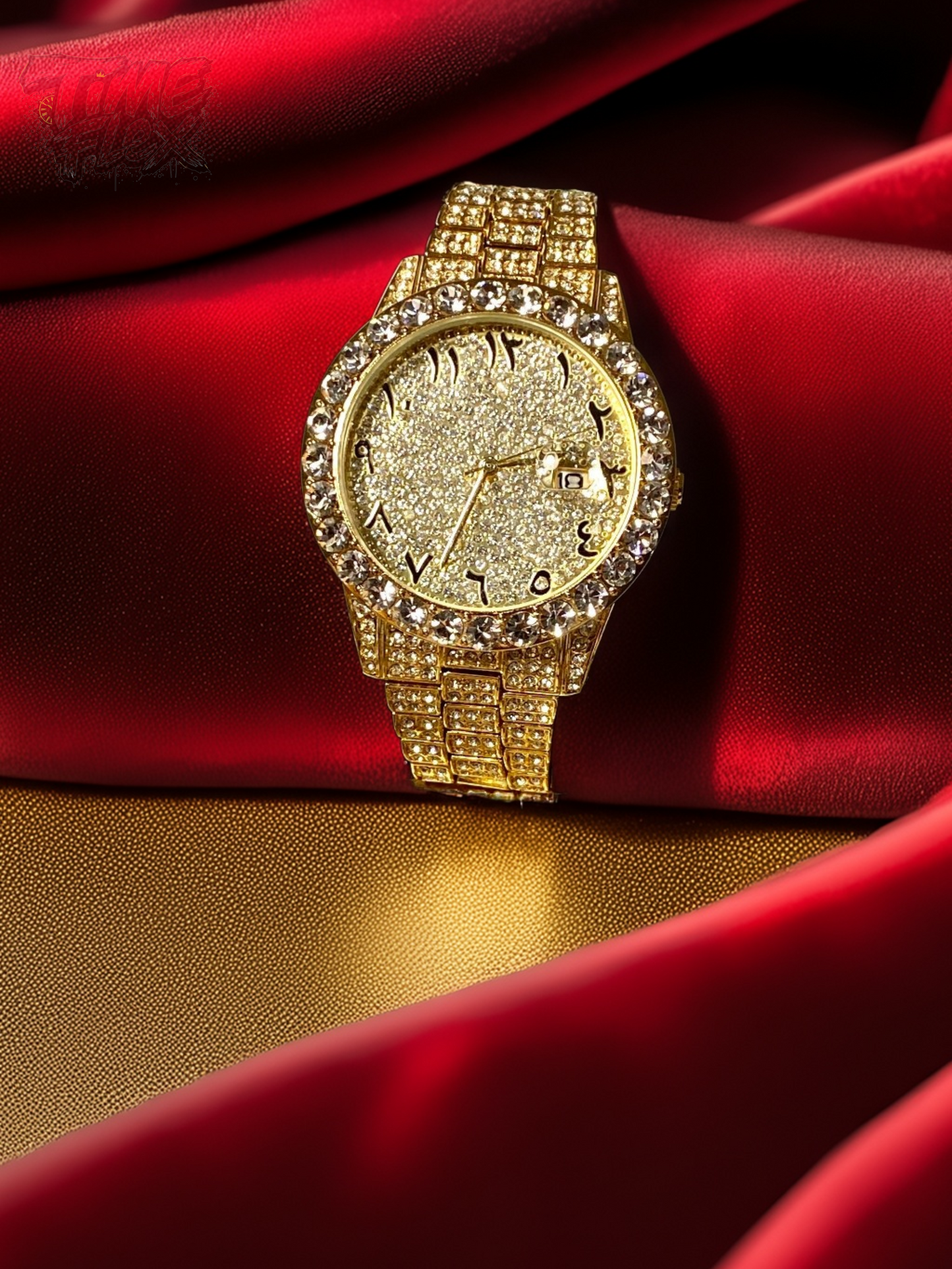 Gold-tone unisex watch with a sparkling, diamond-studded bezel and crystal-encrusted band. The watch features a glittering gold dial with unique Roman numerals and a date display, offering a luxurious and eye-catching look.