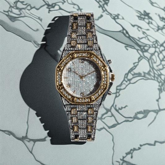 Iced-out two-tone watch with gold hex bezel, silver pavé dial, and chronograph details – urban luxury timepiece