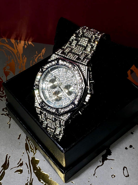 Silver iced-out octagon chronograph watch with pavé dial and diamond bracelet – luxury streetwear timepiece