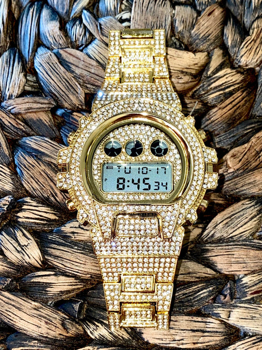 Gold iced-out digital watch with pavé bezel and bracelet – luxury tech streetwear style
