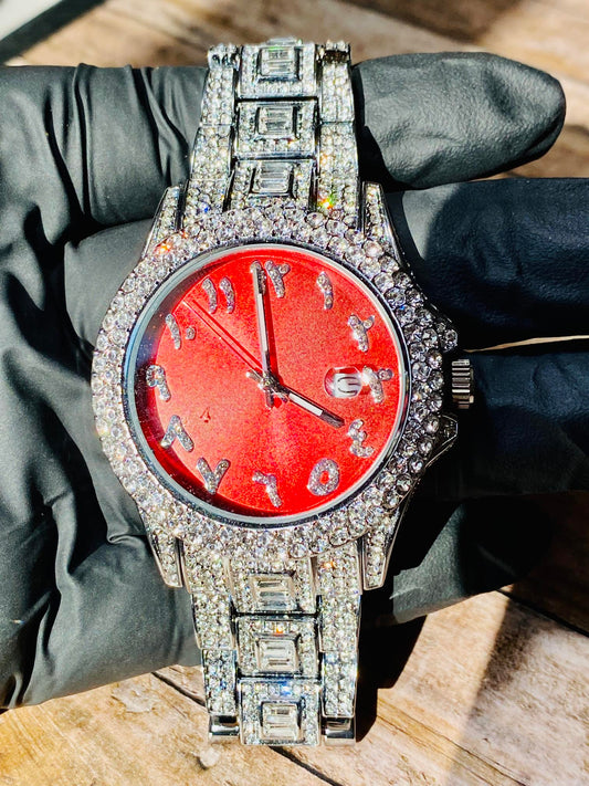 Silver iced-out watch with scarlet red dial, crystal markers, and baguette bracelet – luxury streetwear timepiece