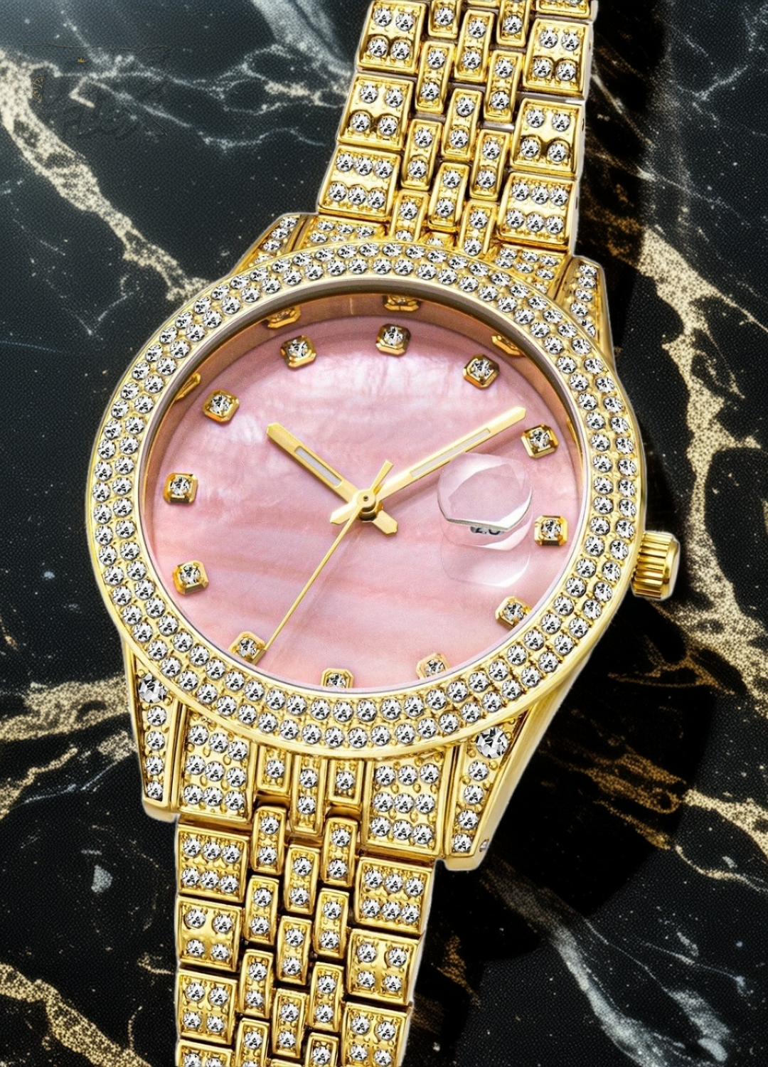 Gold-tone women's watch with a diamond-studded bezel, pink mother-of-pearl dial, and date display at the 3 o'clock position. The watch features a shimmering, crystal-encrusted gold band for a glamorous and luxurious look.