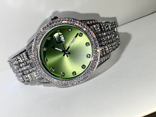 Silver iced-out watch with mint green dial and pavé bracelet – luxury streetwear style