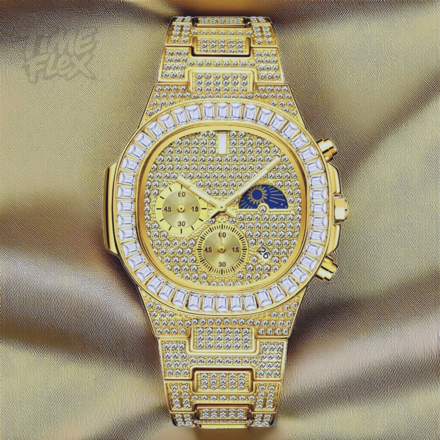 Gold-tone unisex watch with a diamond-studded dial and bezel. The watch features dual sub-dials, a moonphase display, and a sparkling crystal-encrusted band, offering a luxurious and high-end look.