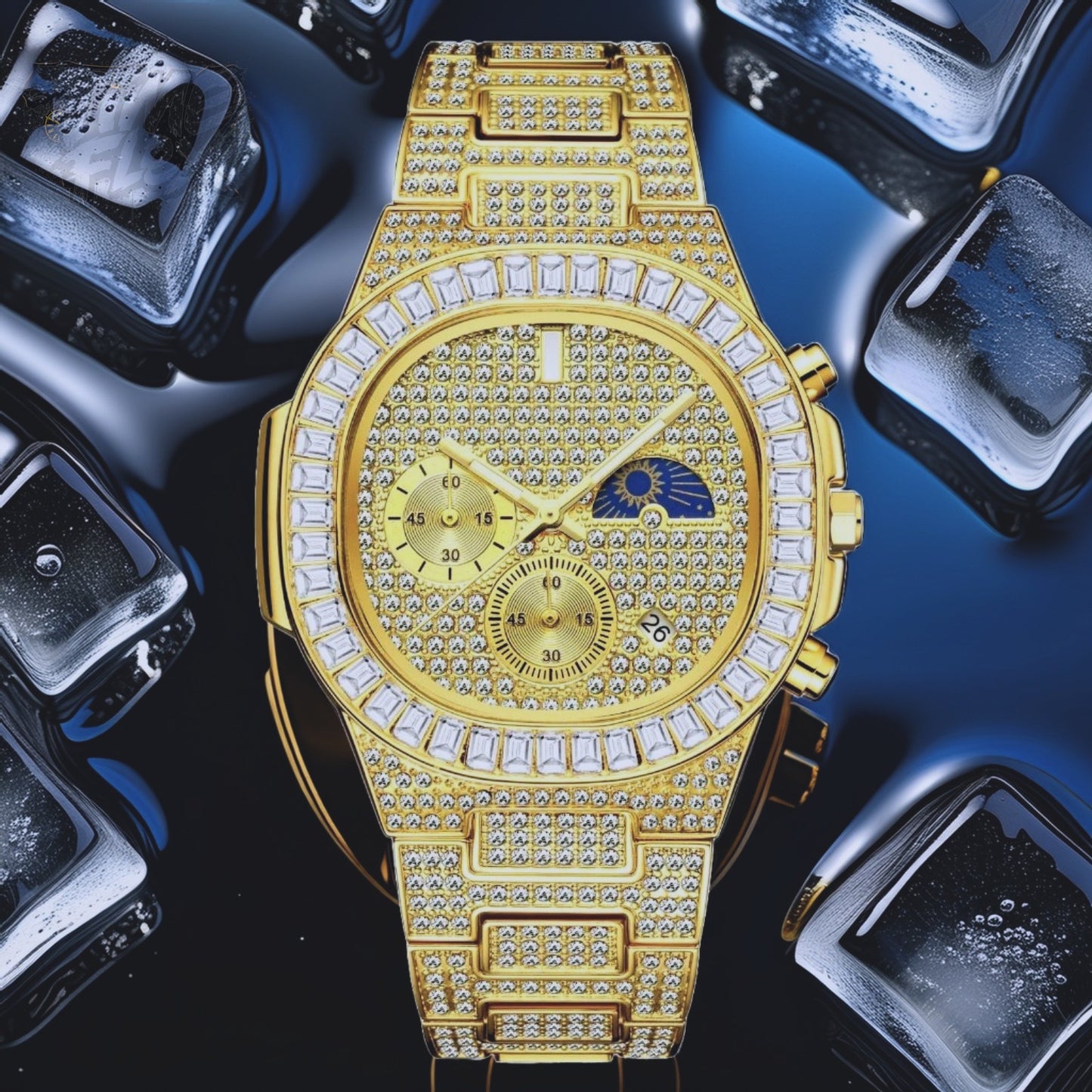 Gold-tone unisex watch with a diamond-studded dial and bezel. The watch features dual sub-dials, a moonphase display, and a sparkling crystal-encrusted band, offering a luxurious and high-end look.