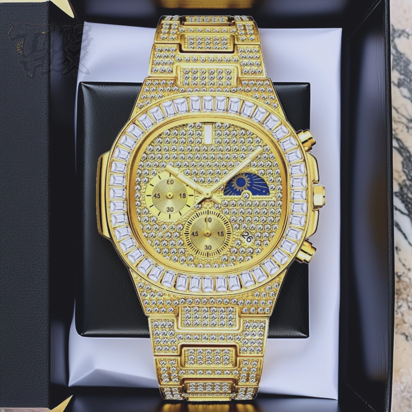 Gold-tone unisex watch with a diamond-studded dial and bezel. The watch features dual sub-dials, a moonphase display, and a sparkling crystal-encrusted band, offering a luxurious and high-end look.