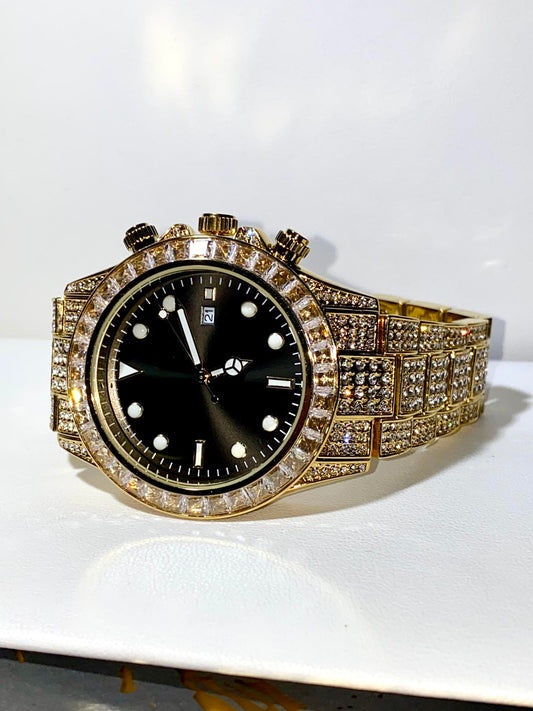 Gold iced chronograph watch with black dial on black silk background – NightBurst 42MM by Time Flex