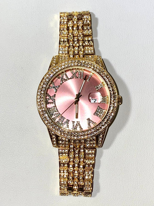 Time Flex Pink Luxe iced watch with Roman numerals and date display – soft glam hero image