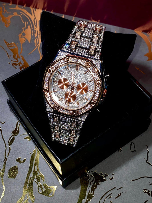 Two-tone rose gold and silver iced-out octagon chronograph watch with pavé dial – luxury streetwear timepiece