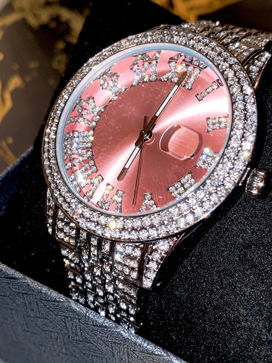 Rose gold Roman numeral iced watch with silver strap on white background – Rosé Royale 38MM by Time Flex