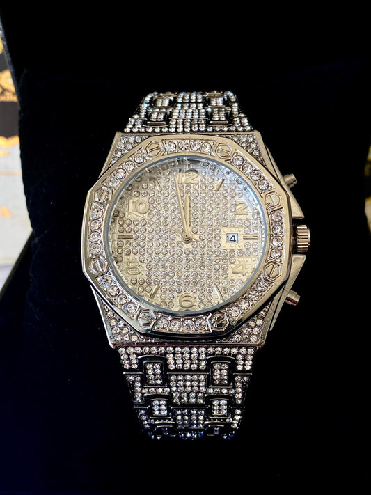 Iced silver octagon watch with pavé dial and chrono details – bold urban luxury design