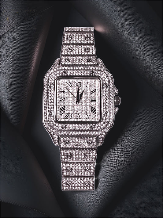 Silver-tone unisex watch with a square dial, crystal-encrusted bezel, and sparkling band. The watch features Roman numeral markers and a luxurious, diamond-studded design, offering a sleek and elegant look.
