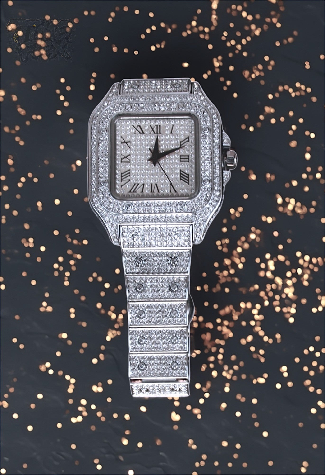 Silver-tone unisex watch with a square dial, crystal-encrusted bezel, and sparkling band. The watch features Roman numeral markers and a luxurious, diamond-studded design, offering a sleek and elegant look.