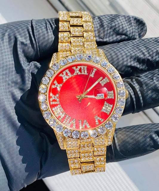 Gold iced-out watch with scarlet red dial, Roman numerals, and diamond bracelet – luxury streetwear timepiece