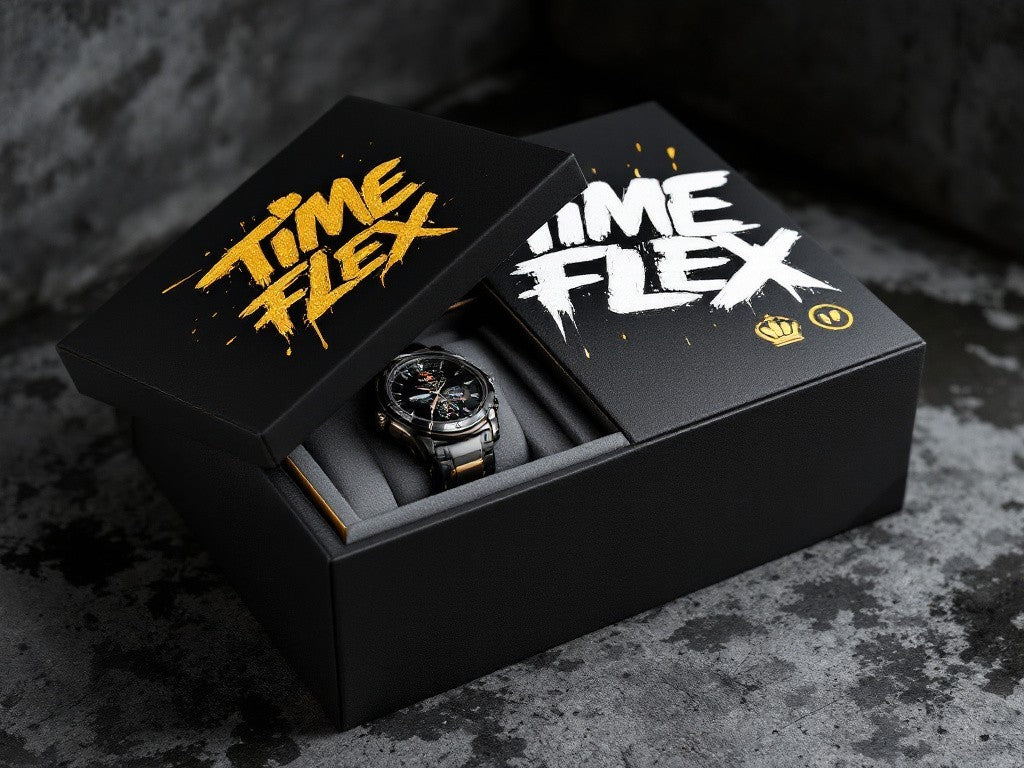 Time Flex watch in a black box with bold, graffiti-style 'TIME FLEX' text on the lid. The box is opened to reveal a stylish watch with a black strap, resting on a cushioned interior.