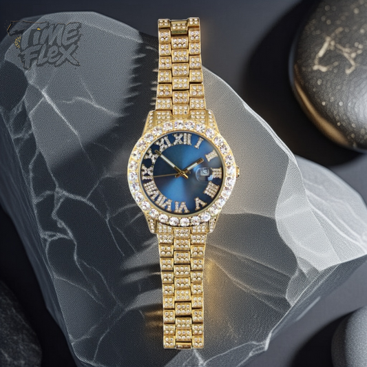 Time Flex Blue Frost 42MM iced watch with sunburst dial and date display – premium lifestyle angle