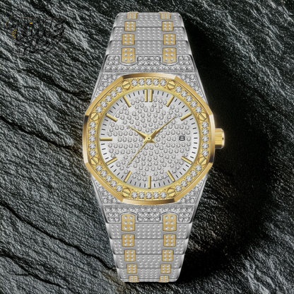 Two-tone silver and gold men's and women's watch with a diamond-studded dial and bezel. The watch features a sparkling design with crystal-encrusted links on the band, offering a luxurious, eye-catching appearance.
