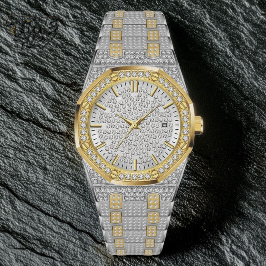 Two-tone silver and gold men's and women's watch with a diamond-studded dial and bezel. The watch features a sparkling design with crystal-encrusted links on the band, offering a luxurious, eye-catching appearance.